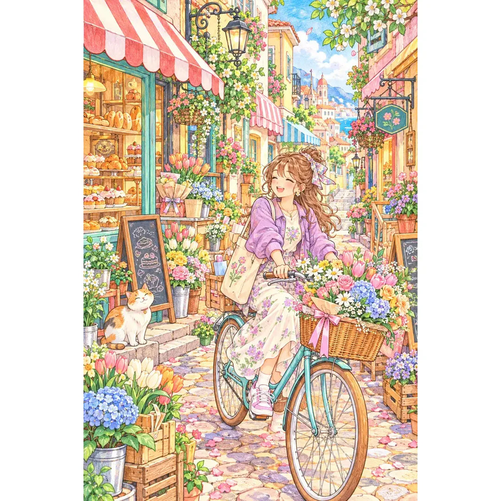 Original white-background artwork of a bicycling florist delivering bouquets through a colorful city street