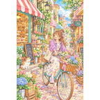 Original white-background artwork of a bicycling florist delivering bouquets through a colorful city street