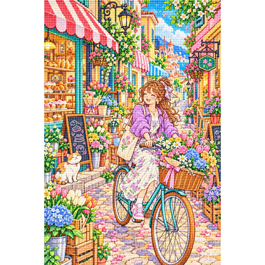 White-background diamond-painted canvas showing a bicycling florist delivering bouquets through a colorful city street