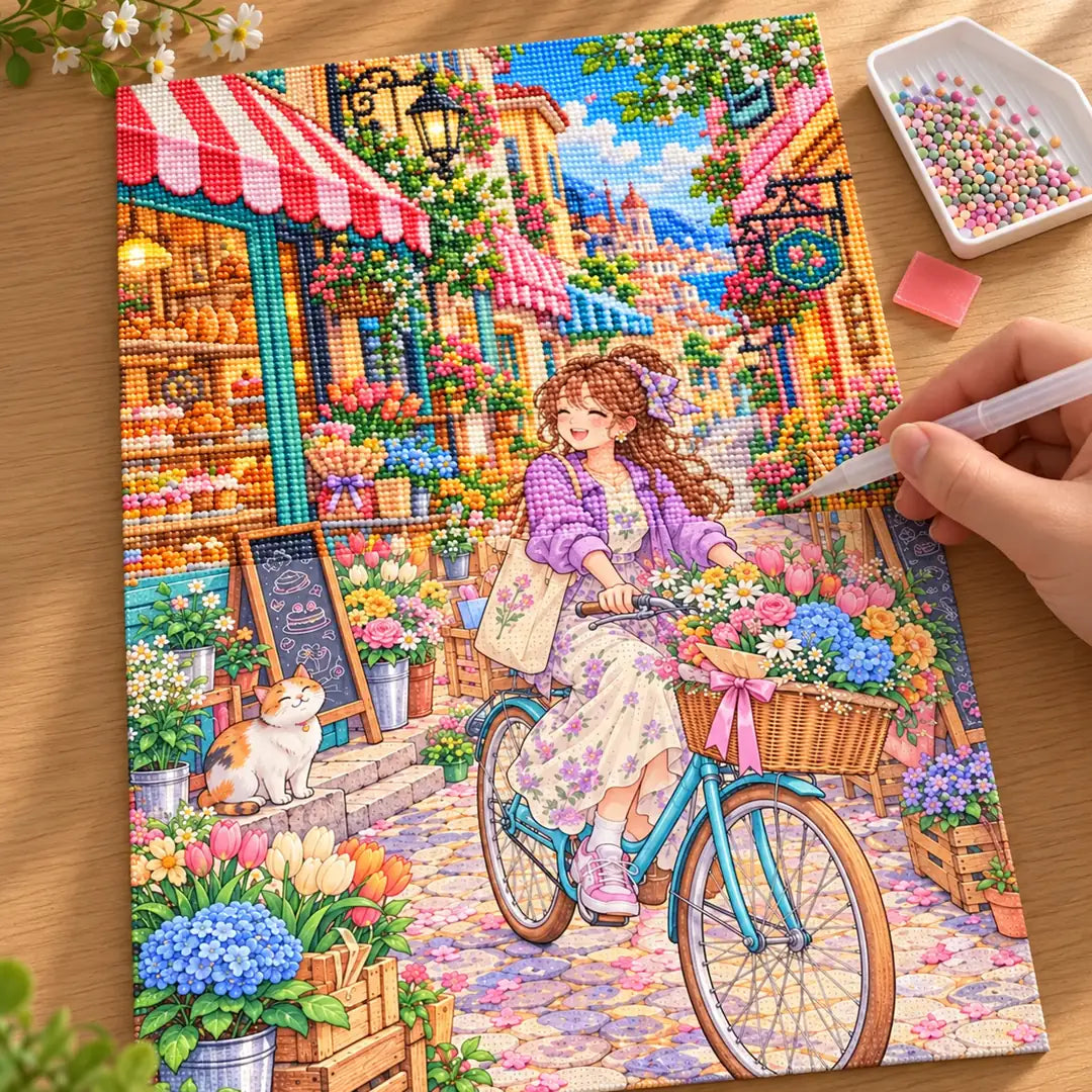 Hands placing diamond drills on the city flower delivery canvas