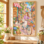 Framed diamond painting of a bicycling florist delivering bouquets through a colorful city street displayed in a home interior