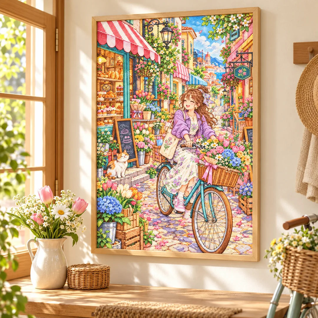 Framed diamond painting of a bicycling florist delivering bouquets through a colorful city street displayed in a home interior