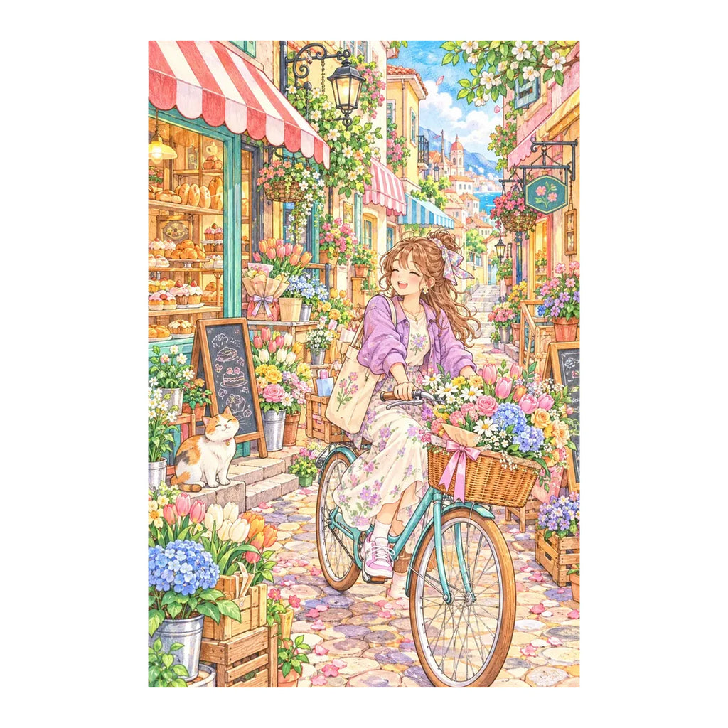 Original white-background artwork of a bicycling florist delivering bouquets through a colorful city street