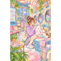 Original white-background artwork of a woman folding laundry beside a white cat in a city laundromat