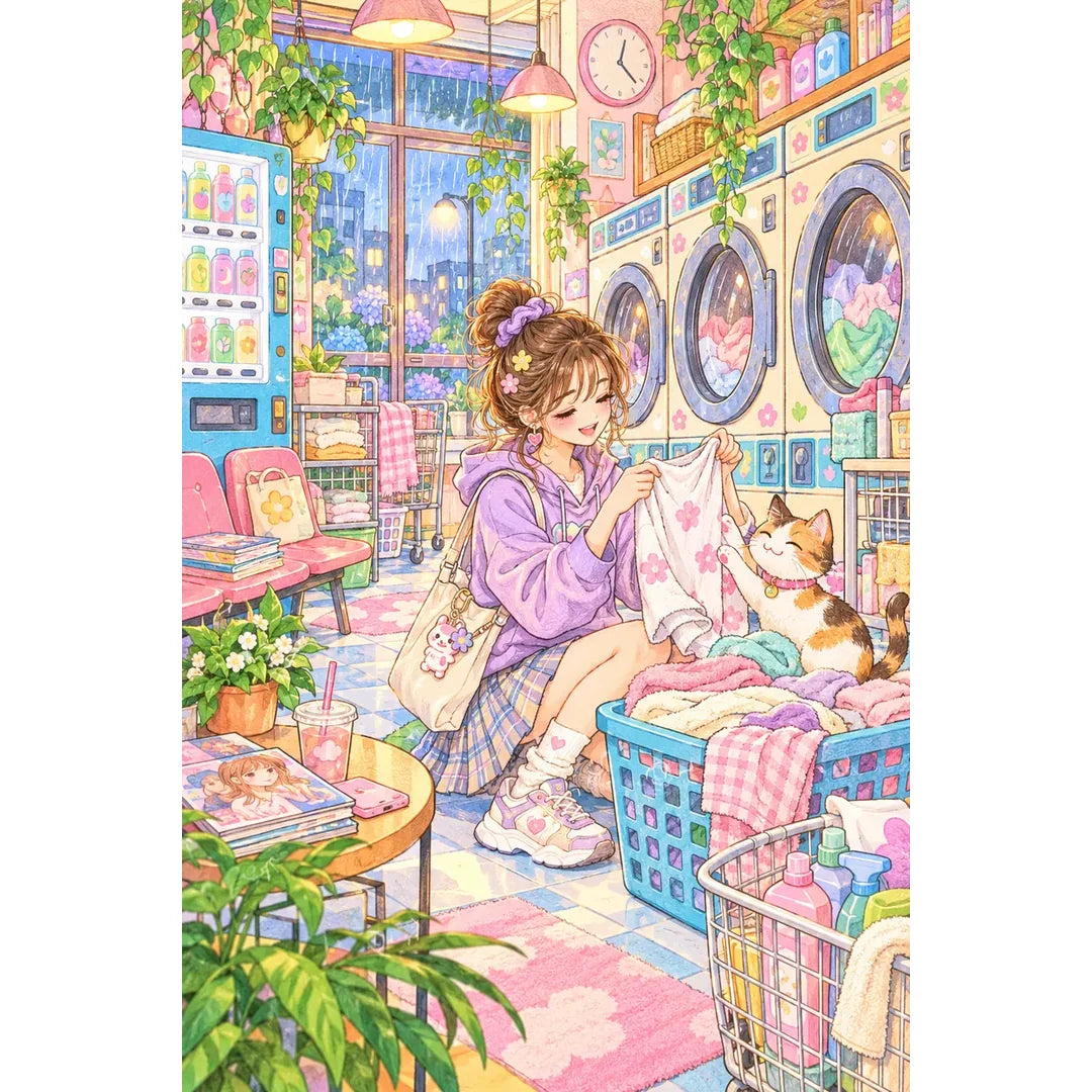 Original white-background artwork of a woman folding laundry beside a white cat in a city laundromat