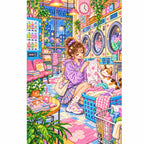 White-background diamond-painted canvas showing a woman folding laundry beside a white cat in a city laundromat