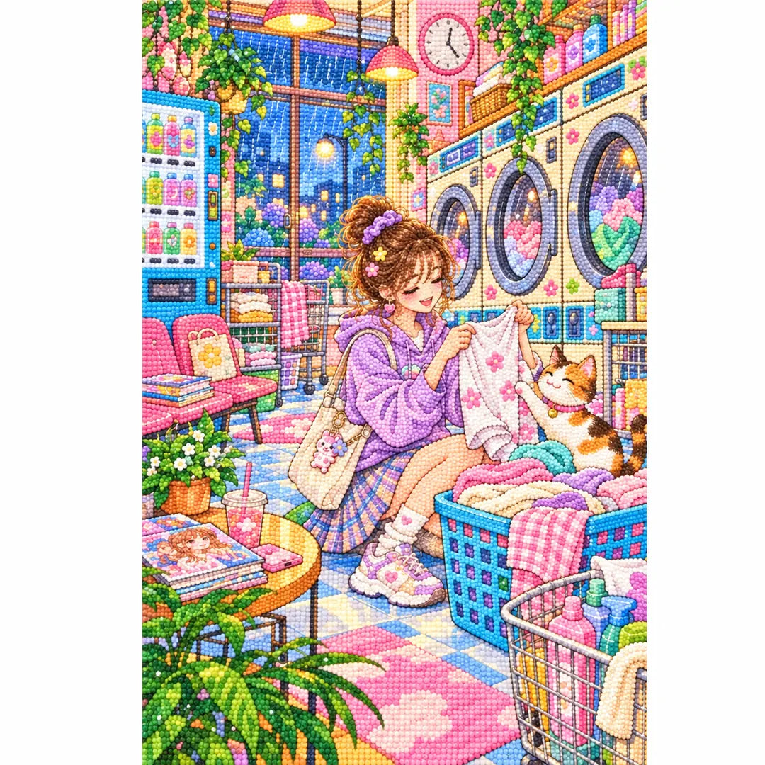 White-background diamond-painted canvas showing a woman folding laundry beside a white cat in a city laundromat