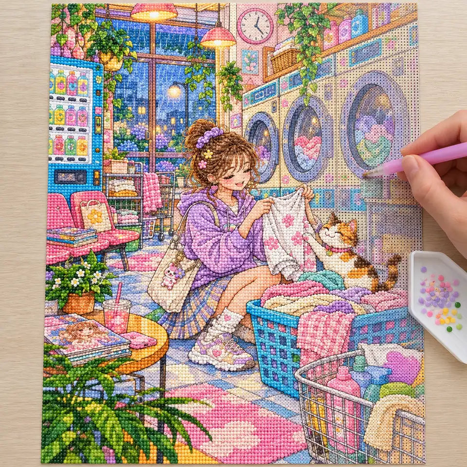 Hands placing diamond drills on the city laundromat evening canvas