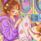 Close-up of faceted drills forming a woman folding laundry beside a white cat in a city laundromat