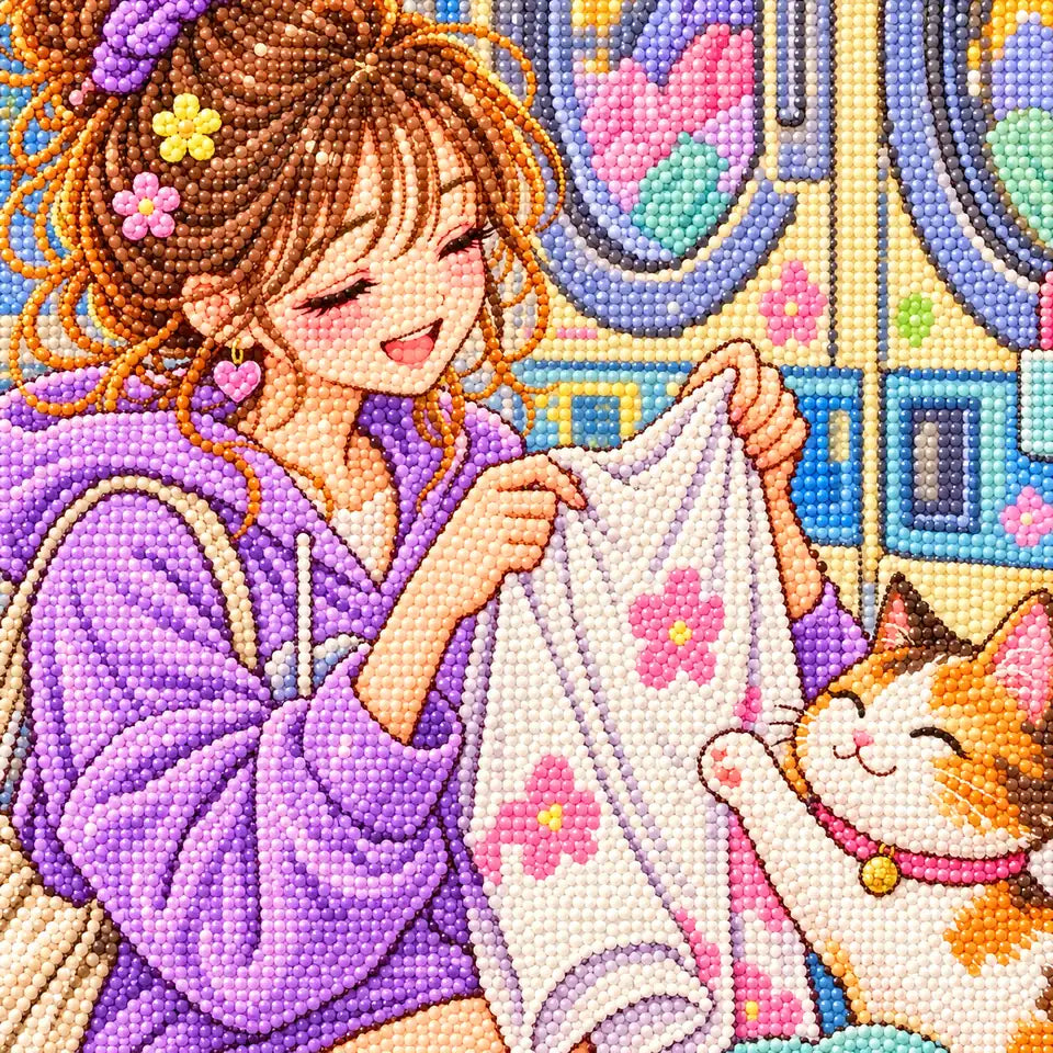 Close-up of faceted drills forming a woman folding laundry beside a white cat in a city laundromat