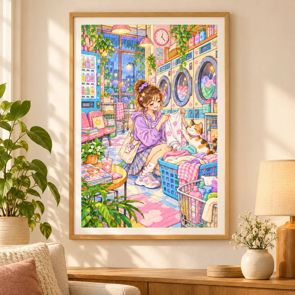 Framed diamond painting of a woman folding laundry beside a white cat in a city laundromat displayed in a home interior