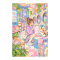 Original white-background artwork of a woman folding laundry beside a white cat in a city laundromat