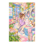 Original white-background artwork of a woman folding laundry beside a white cat in a city laundromat