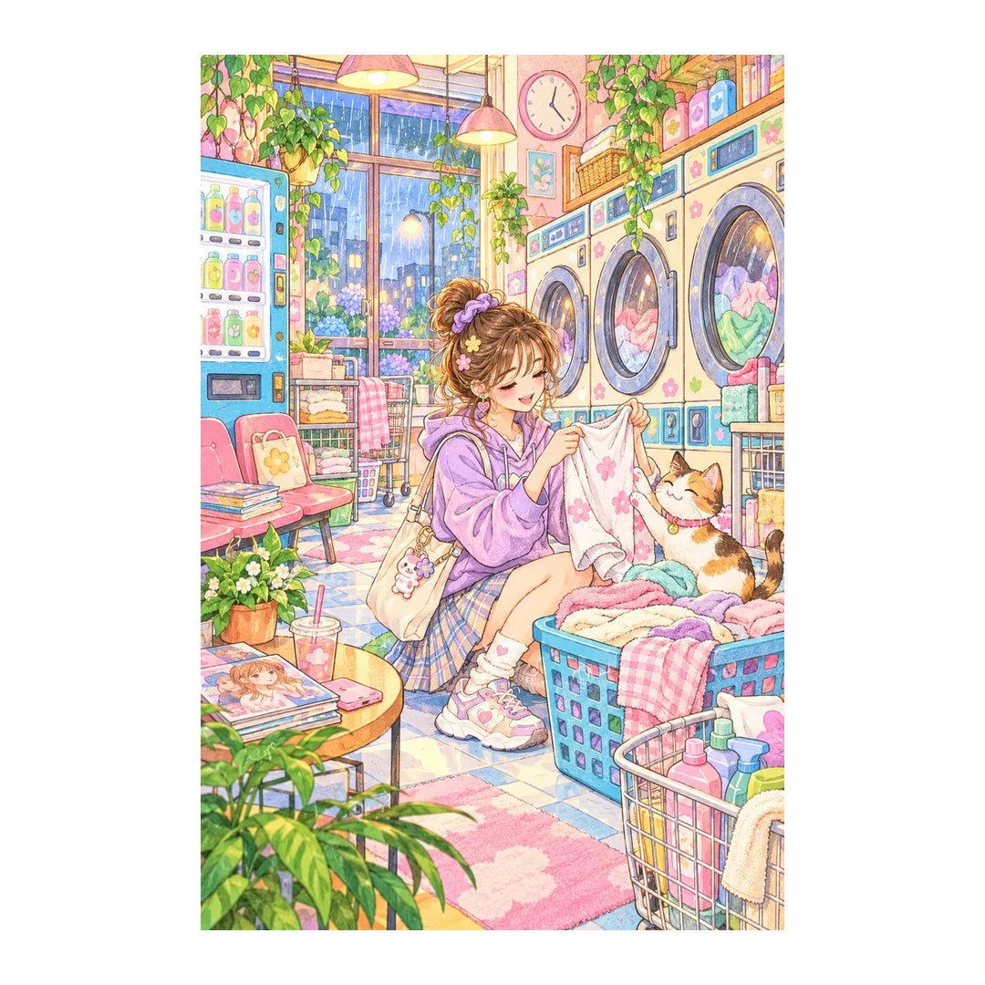 Original white-background artwork of a woman folding laundry beside a white cat in a city laundromat