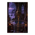 Original illustration of an ornate pendulum hanging over a reflecting pool inside a gothic stone hall, on a white background