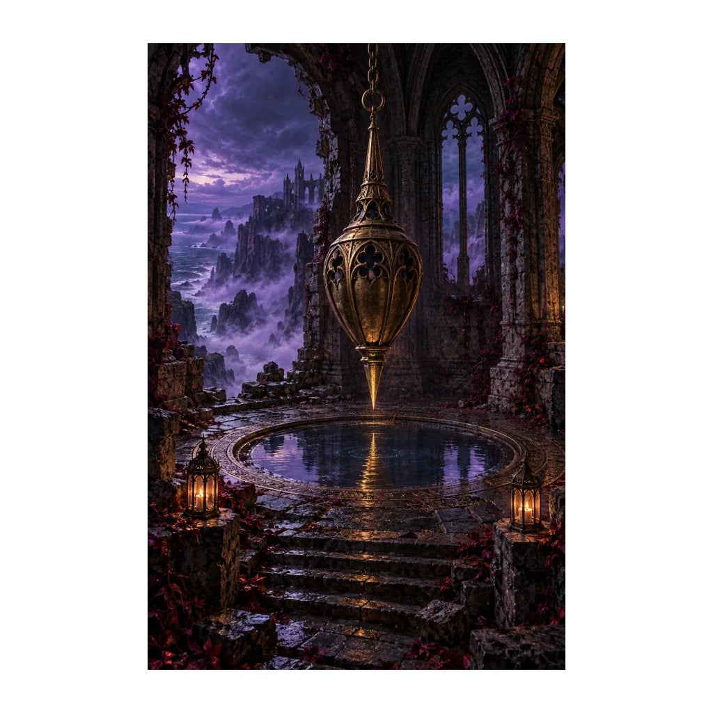 Original illustration of an ornate pendulum hanging over a reflecting pool inside a gothic stone hall, on a white background