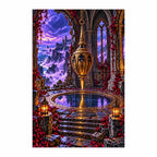 Finished diamond painting of a golden pendulum and reflecting pool in a violet-lit gothic hall