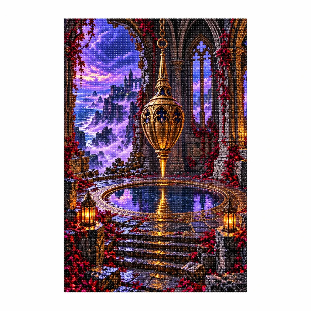 Finished diamond painting of a golden pendulum and reflecting pool in a violet-lit gothic hall