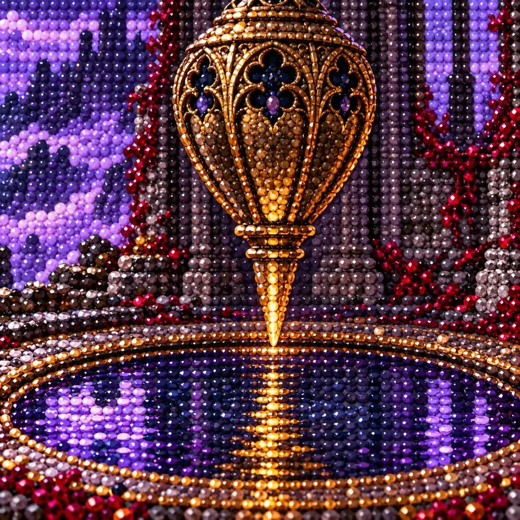 Close-up of the ornate golden pendulum and polished details formed with diamond drills