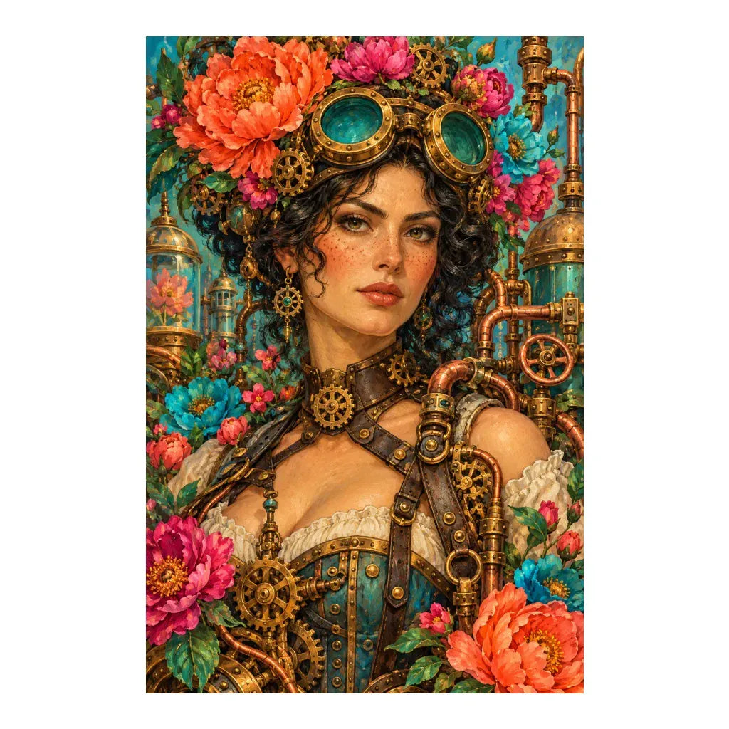 Original white-background artwork of a botanist wearing brass goggles among peonies, turquoise glass and gears