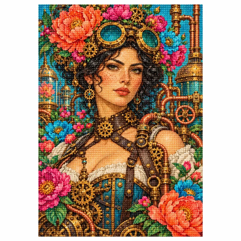 White-background diamond-painted canvas showing a botanist wearing brass goggles among peonies, turquoise glass and gears