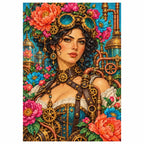 White-background diamond-painted canvas showing a botanist wearing brass goggles among peonies, turquoise glass and gears