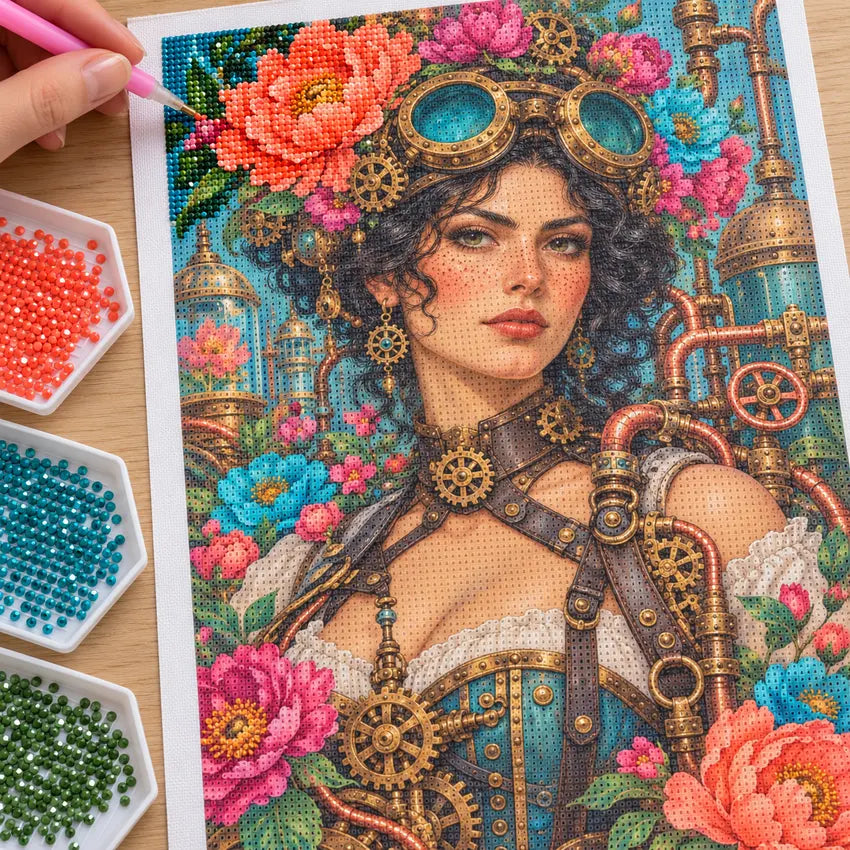 Hands placing diamond drills on the clockwork botanist canvas