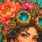 Close-up of faceted drills forming a botanist wearing brass goggles among peonies, turquoise glass and gears