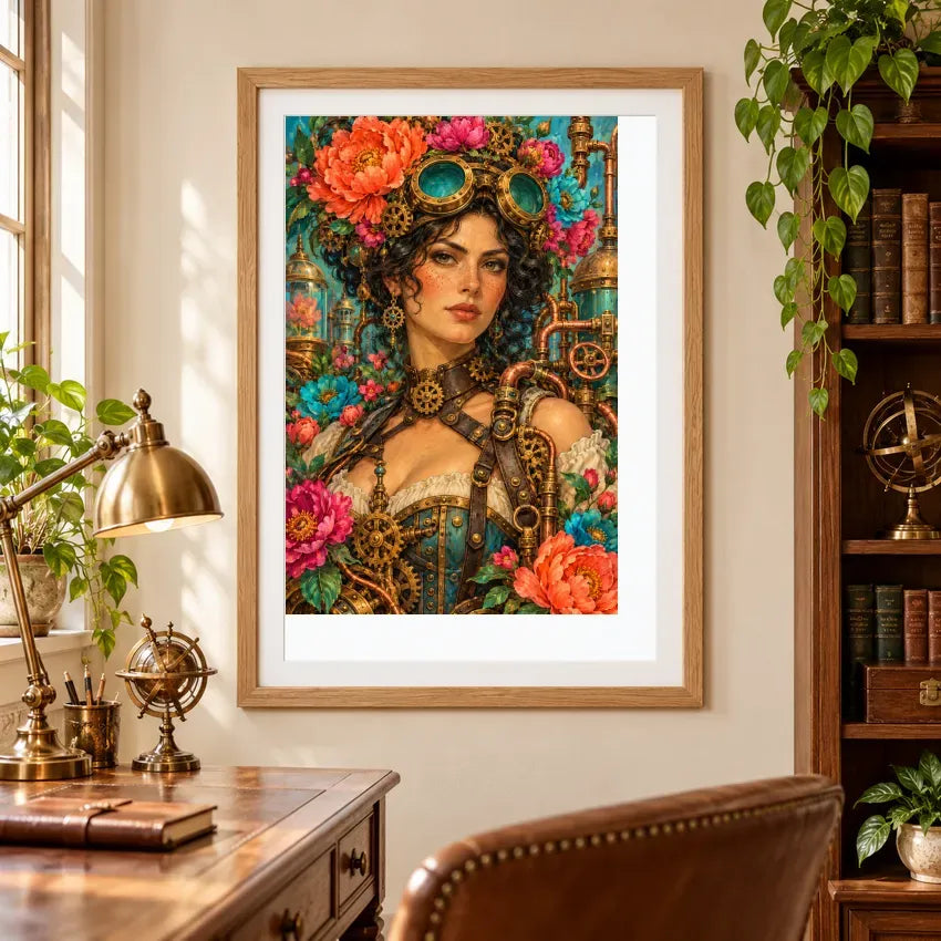 Framed diamond painting of a botanist wearing brass goggles among peonies, turquoise glass and gears displayed in a home interior