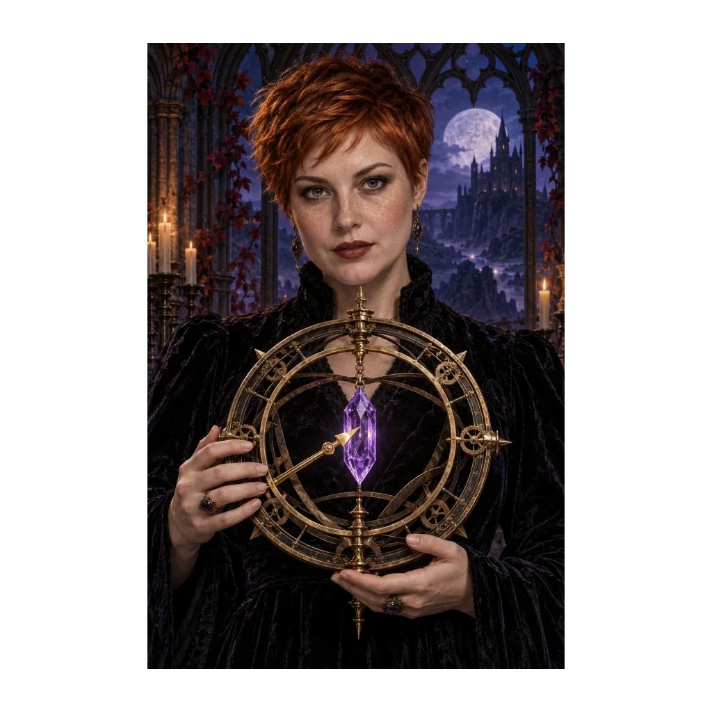 Original design of a red-haired diviner holding a brass clockwork astrolabe with a purple crystal.