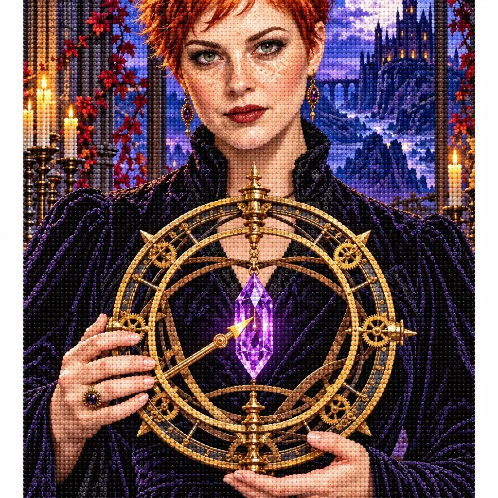 Finished diamond painting of a clockwork diviner and glowing purple crystal.