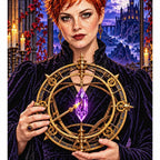 Finished diamond painting of a clockwork diviner and glowing purple crystal.
