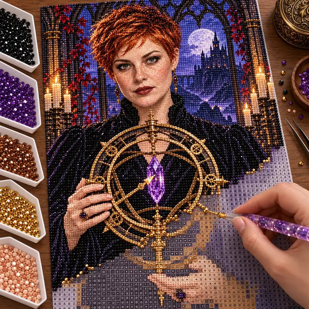 Hand placing drills on the clockwork astrolabe diamond painting canvas.