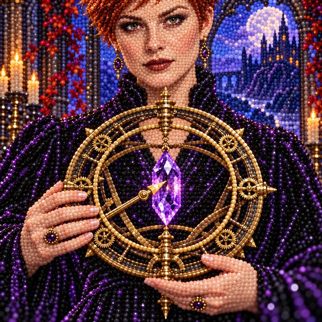 Close-up of sparkling drills across the purple crystal and brass astrolabe.
