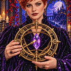 Close-up of sparkling drills across the purple crystal and brass astrolabe.