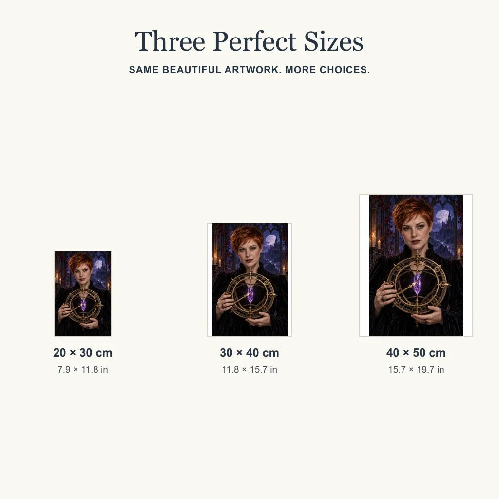 Three size options for the Clockwork Diviner diamond painting kit.