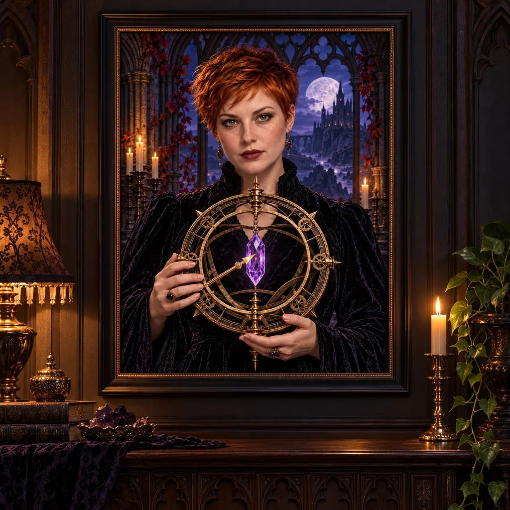 Framed Clockwork Diviner artwork displayed in a warm, gear-filled room.