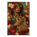 Original white-background artwork of a musician playing a mandolin amid flowers and clockwork details