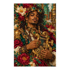 Original white-background artwork of a musician playing a mandolin amid flowers and clockwork details
