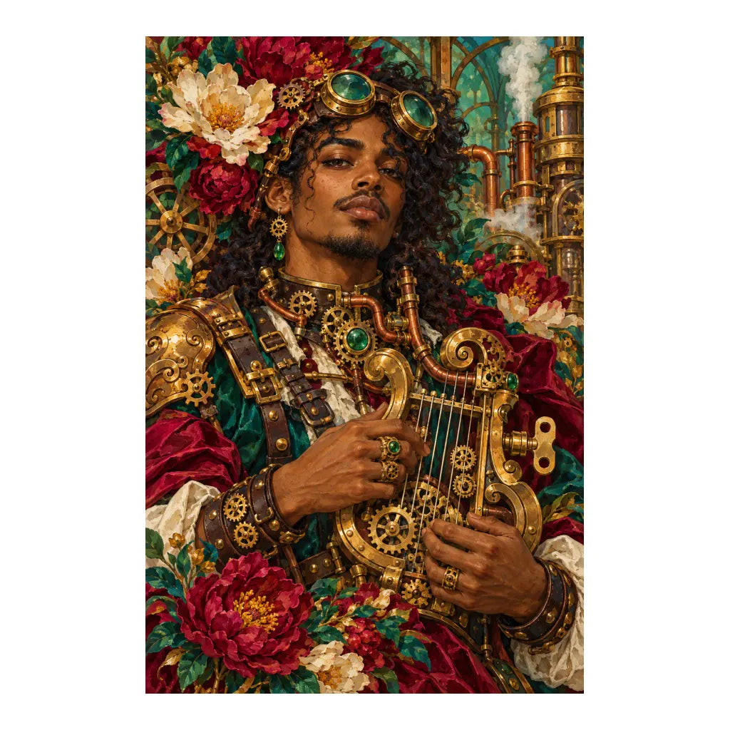 Original white-background artwork of a musician playing a mandolin amid flowers and clockwork details