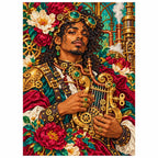 White-background diamond-painted canvas showing a musician playing a mandolin amid flowers and clockwork details