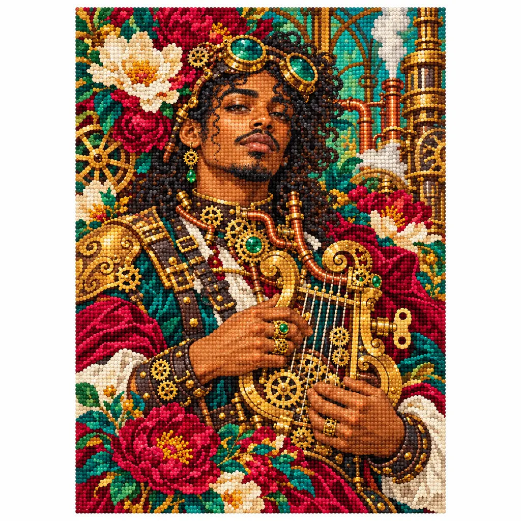 White-background diamond-painted canvas showing a musician playing a mandolin amid flowers and clockwork details