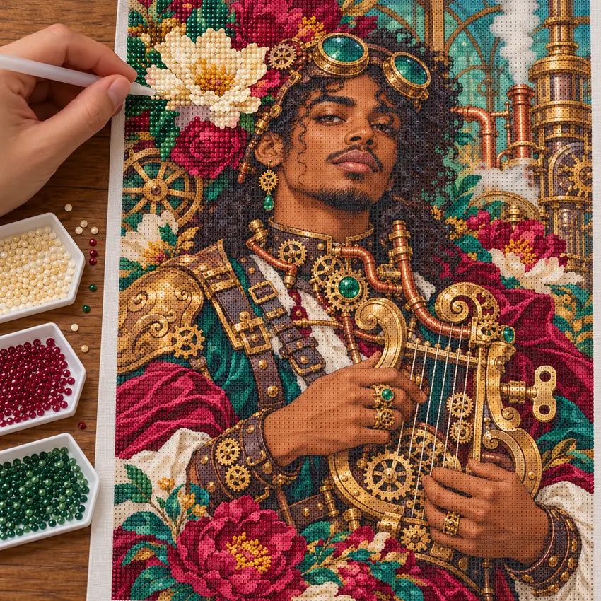 Hands placing diamond drills on the clockwork musician canvas