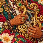 Close-up of faceted drills forming a musician playing a mandolin amid flowers and clockwork details