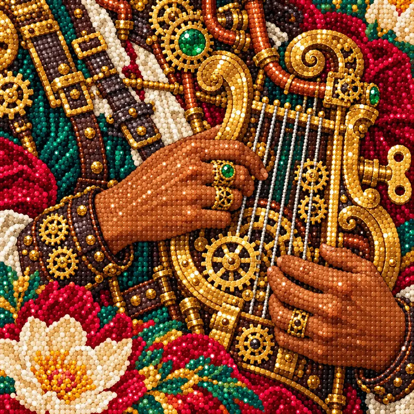 Close-up of faceted drills forming a musician playing a mandolin amid flowers and clockwork details