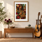 Framed diamond painting of a musician playing a mandolin amid flowers and clockwork details displayed in a home interior