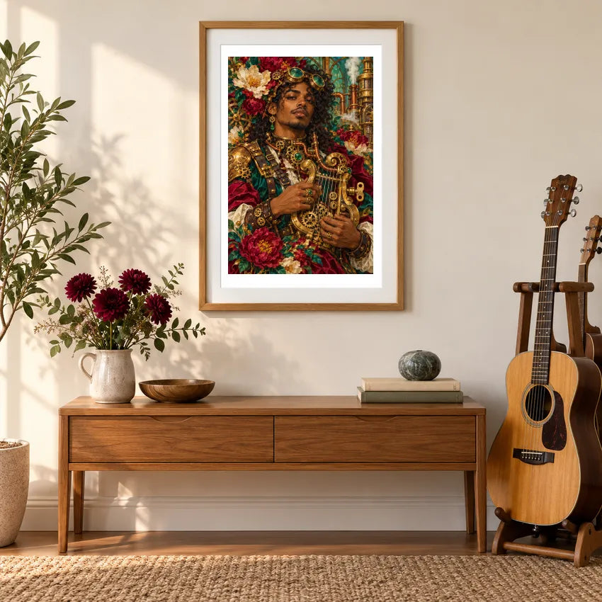 Framed diamond painting of a musician playing a mandolin amid flowers and clockwork details displayed in a home interior