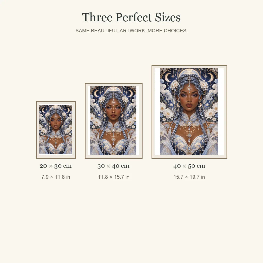 Cloud Archivist diamond painting in 20 by 30, 30 by 40, and 40 by 50 centimeter sizes