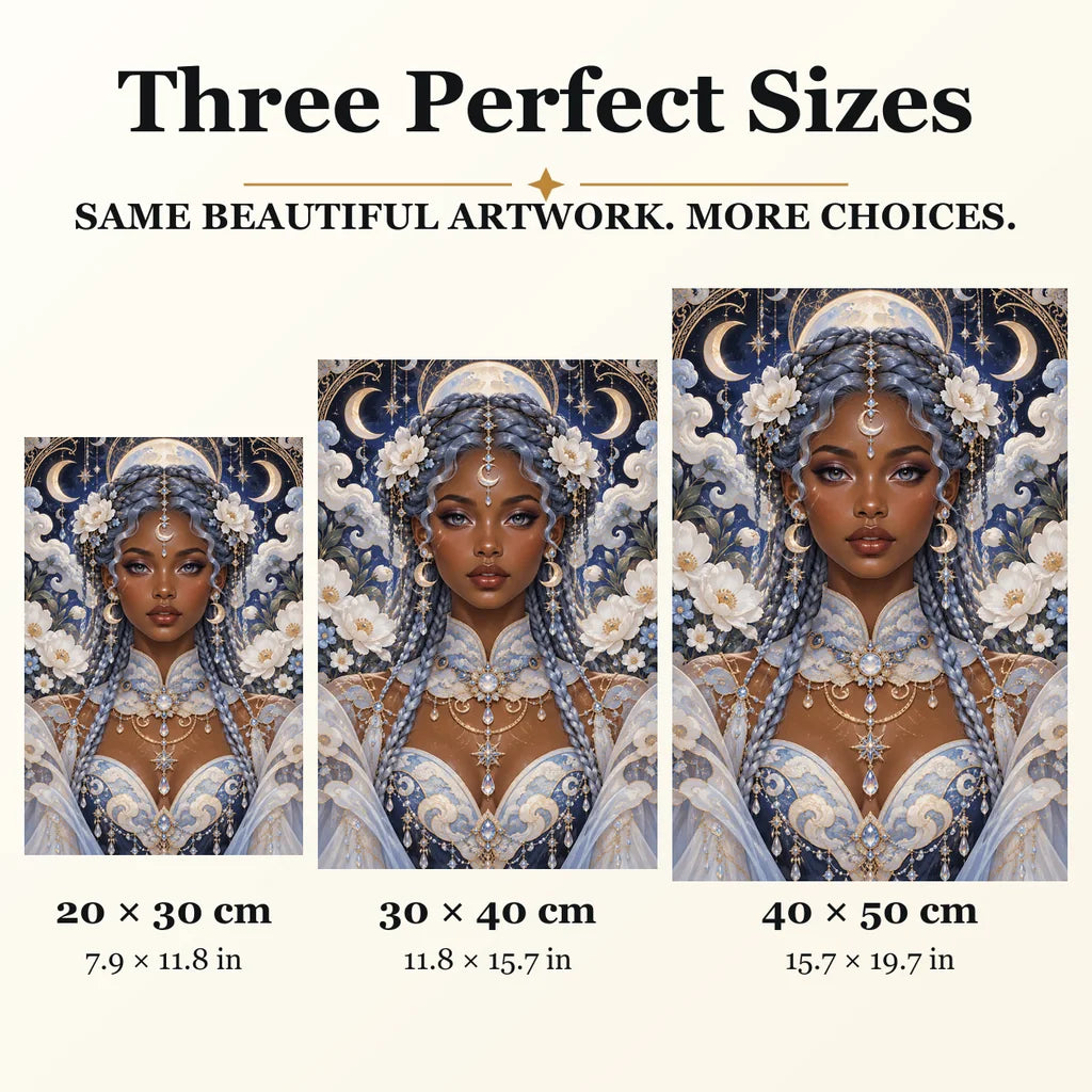 Cloud Archivist diamond painting in 20 by 30, 30 by 40, and 40 by 50 centimeter sizes