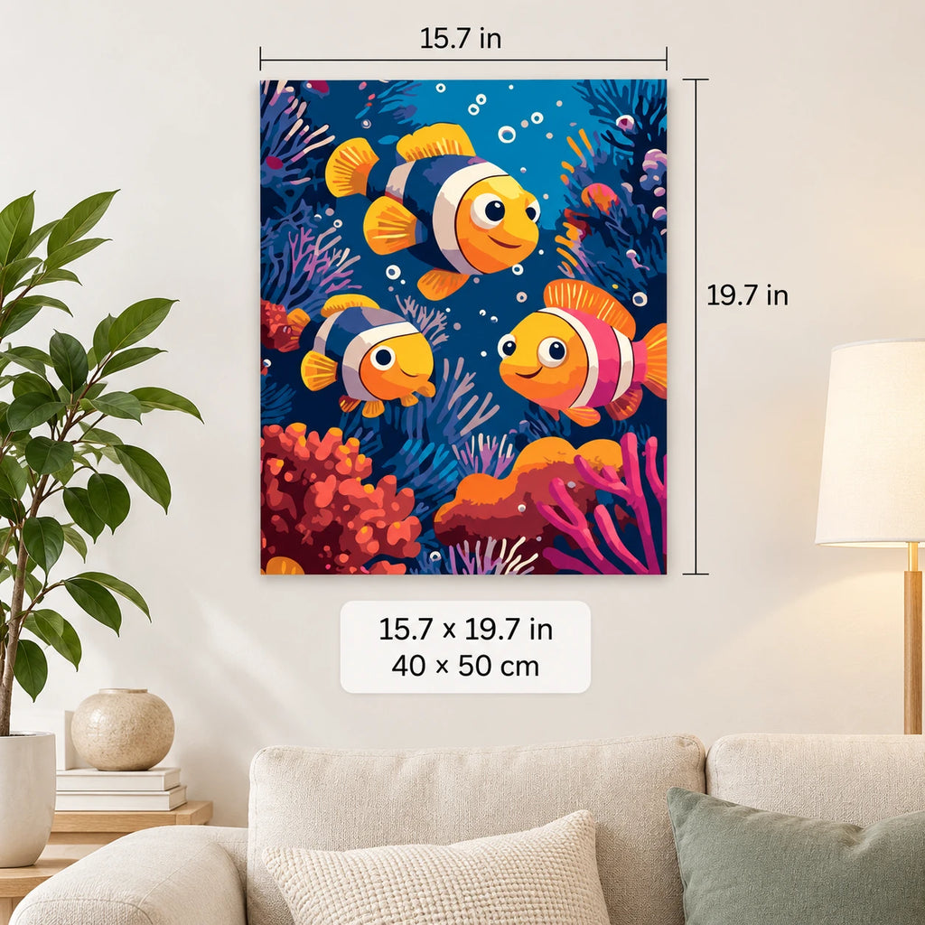Clownfish Coral Reef shown in a styled room with 15.7 x 19.7 in and 40 x 50 cm dimensions
